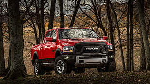 red Dodge Ram, Dodge RAM, pickup trucks, car, forest