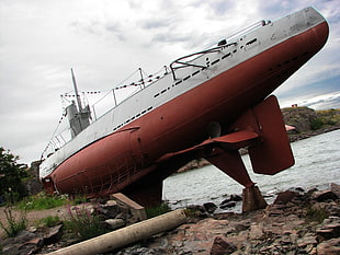 red and black boat, submarine, military, vehicle