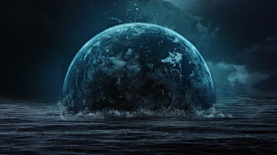 moon and water 3D wallpaper, fantasy art, planet, sea, artwork