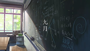 green blackboard, The Garden of Words, anime, school, chalkboard
