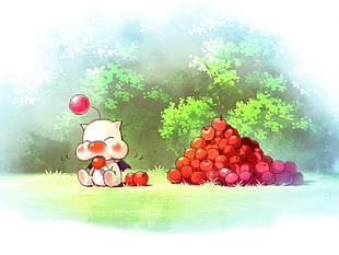 cartoon character and red apples illustration, Moogle, Final Fantasy HD wallpaper