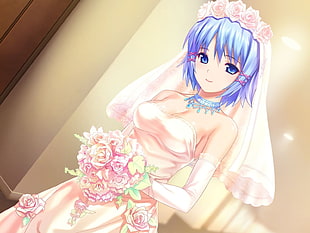 blue haired girl anime character wearing wedding gown holding flower bouquet