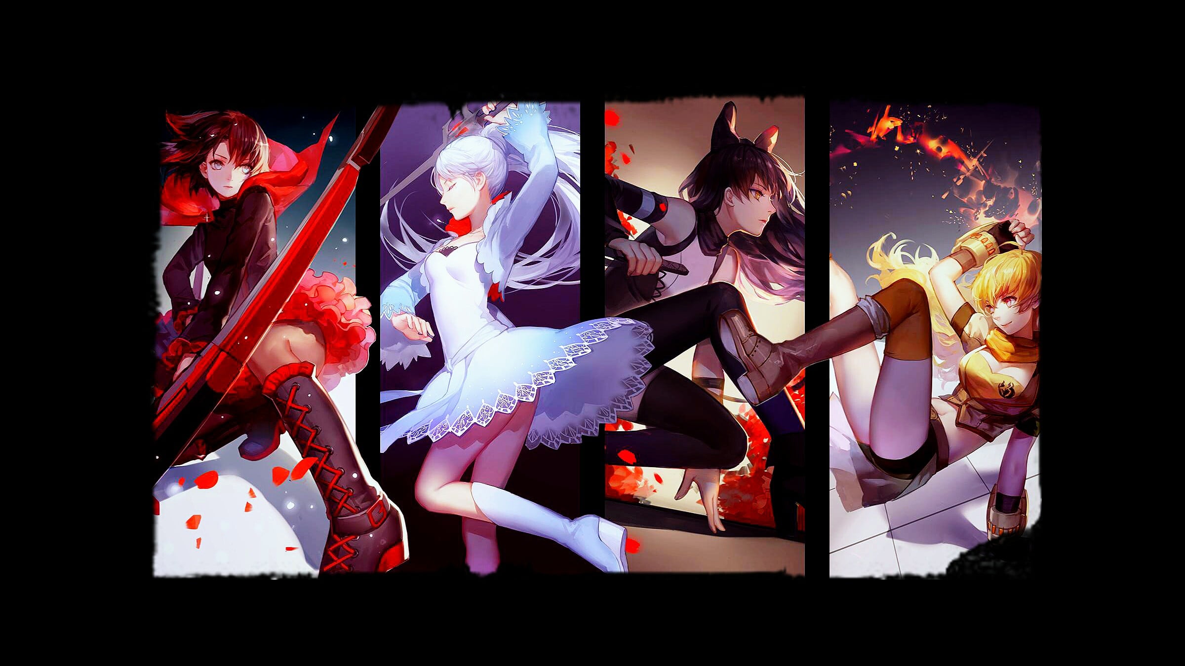 four female animated characters, RWBY, Ruby Rose (character), Weiss Schnee, Blake Belladonna