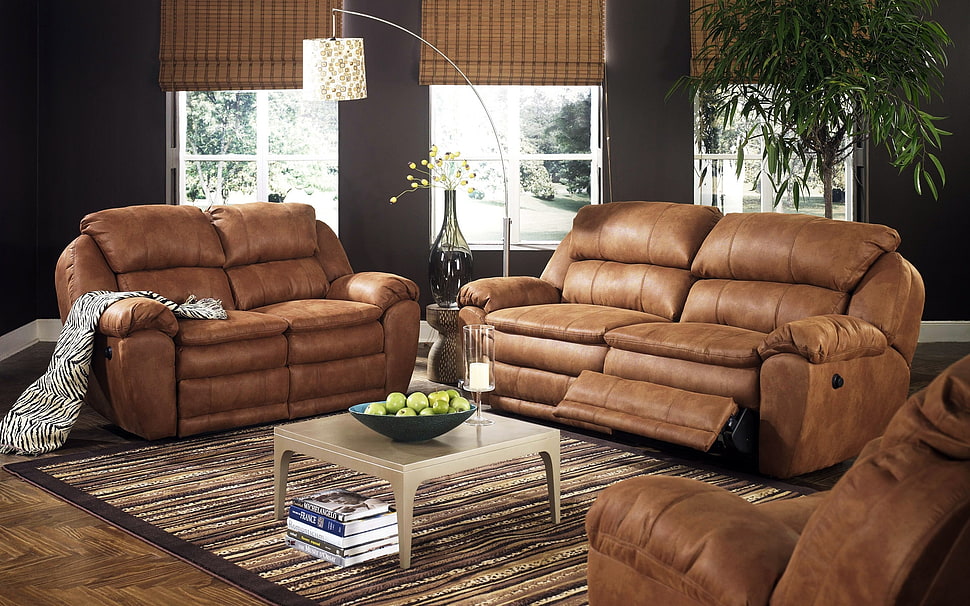 brown leather 2-seat recliner sofa HD wallpaper