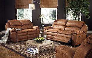 brown leather 2-seat recliner sofa HD wallpaper