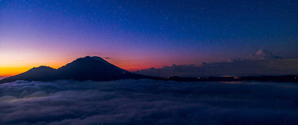 silhouette of mountain and white clouds, landscape, mountains, clouds, sunset HD wallpaper