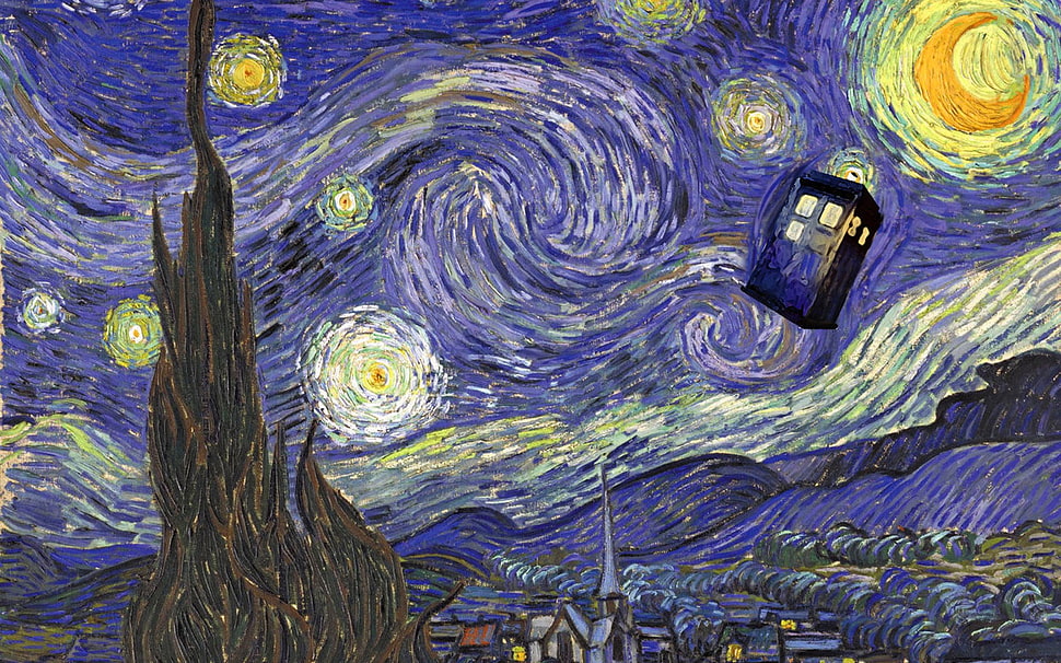 Starry Night painting, Doctor Who, Vincent van Gogh, TARDIS HD wallpaper
