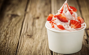 white and red ceramic mug, Cream, dessert, strawberries, food