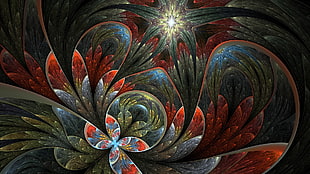 grey, red, and green flower digital wallpaper, abstract, fractal