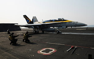 gray and yellow jet fighter, jets, F/A-18 Hornet, aircraft carrier, airplane