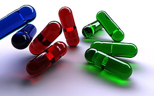 green, red, and blue pills wallpaper, 3D, pills, white background