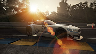 white coupe, Project cars, lens flare