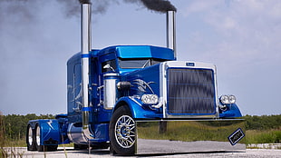 blue tractor unit, car, trucks, Truck, smoke