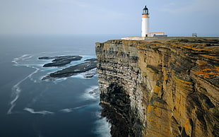 white lighthouse tower, lighthouse, landscape, sea, cliff