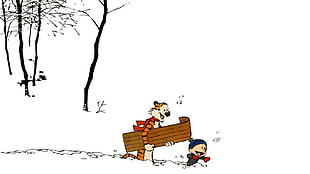 child and tiger walking on snow illustration, comics, Calvin and Hobbes, white background