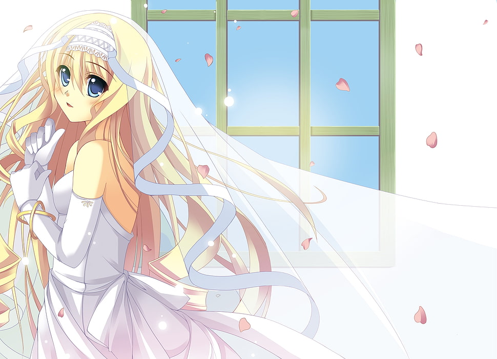 girl in wearing white strapless wedding gown anime character HD wallpaper