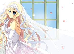 girl in wearing white strapless wedding gown anime character