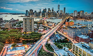 city buildings, Manhattan, city, New York City, Brooklyn Bridge