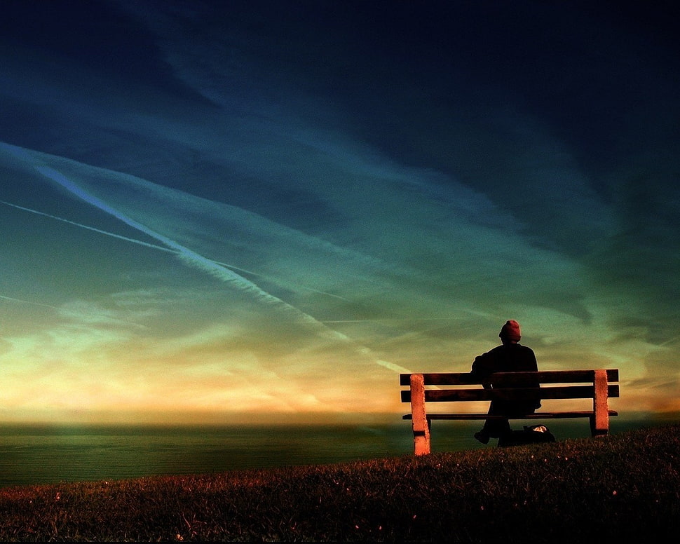 brown bench, bench, sky, clouds HD wallpaper