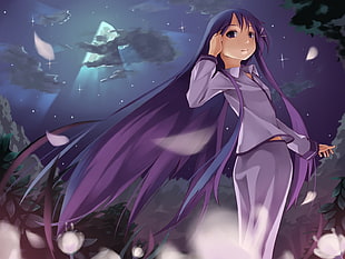 purple haired girl anime character in jacket and bottoms illustration