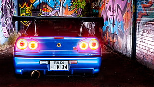 blue car, Nissan, Nissan GT-R, Nissan Skyline GT-R, Nissan Skyline GT-R R35 HD wallpaper