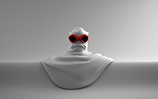 white and red mask mascot, white background, minimalism, digital art, sad