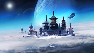 black pagoda digital wallpaper, futuristic, Asian architecture, space, clouds