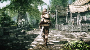 walking woman with sword on back animated wallpaper
