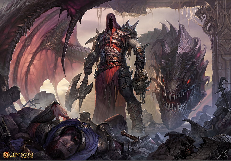dragon and warrior digital wallpaper, dragon, warrior, axes, fantasy art HD wallpaper