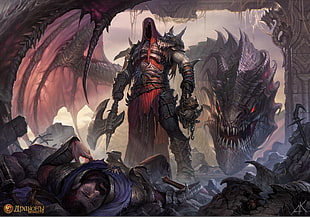 dragon and warrior digital wallpaper, dragon, warrior, axes, fantasy art
