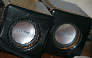 closeup photo of two black computer speakers