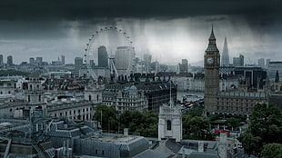 London Eye, London, city, cityscape, rain