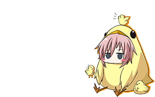 female anime character wearing yellow chicken costume