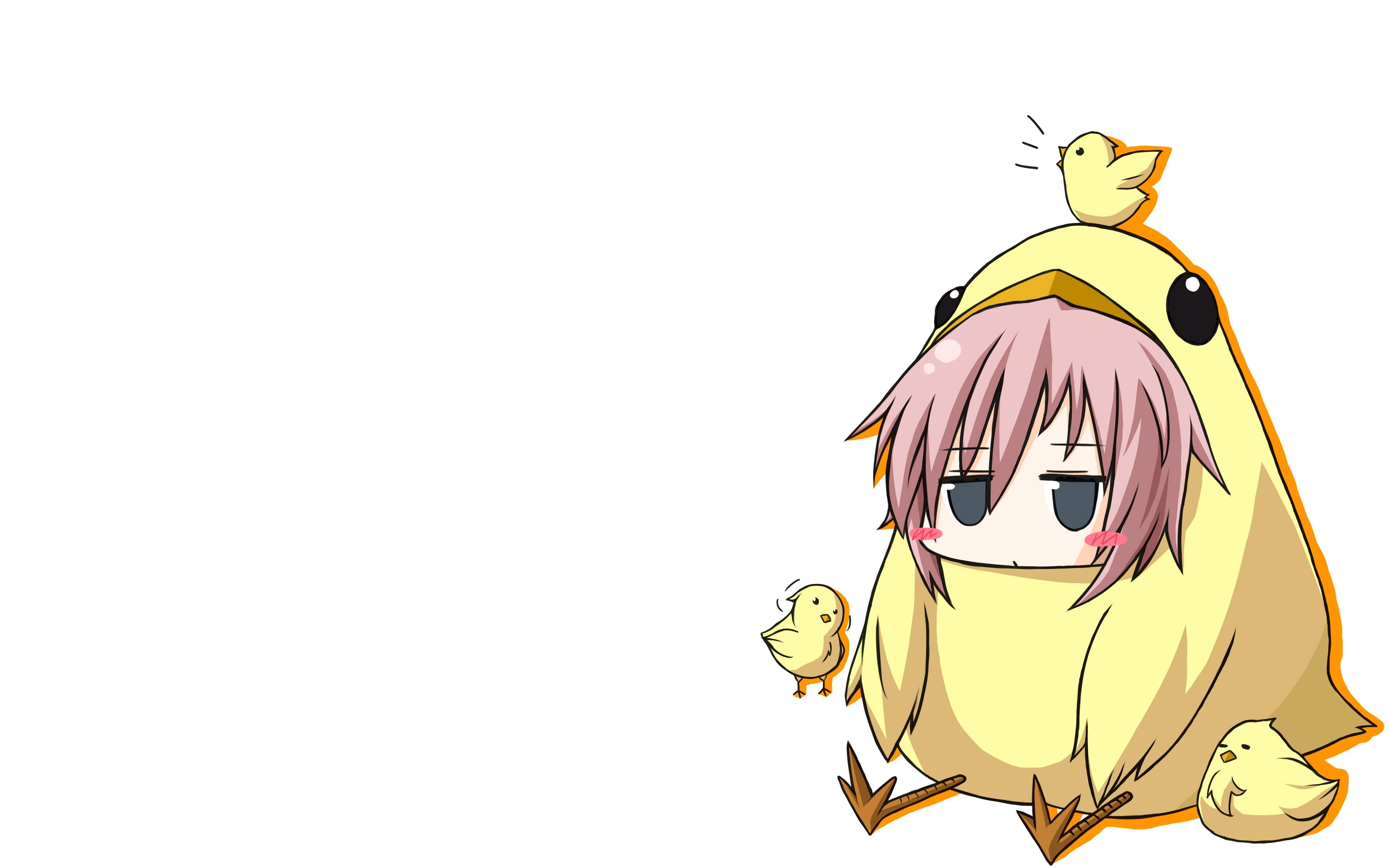 female anime character wearing yellow chicken costume