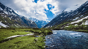 body of water surrounded with mountain range, nature, water, mountains