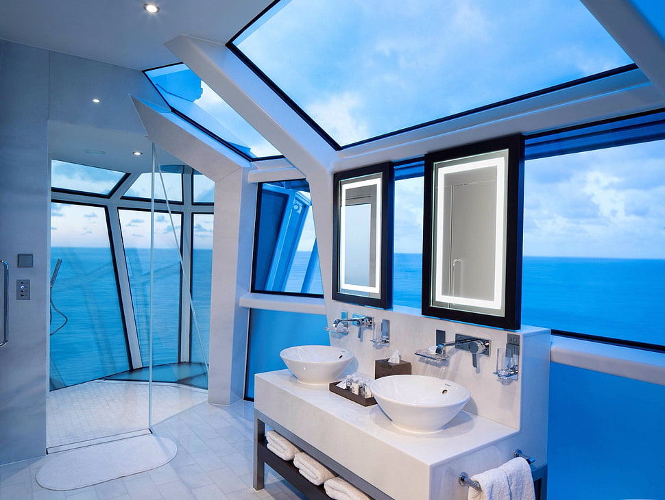 two white vessel sinks, architecture HD wallpaper