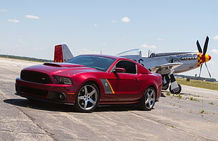 red coupe, Ford Mustang, car, aircraft, vehicle
