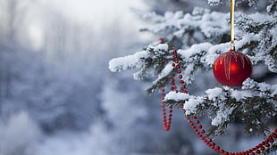 red Christmas bauble, Christmas, Christmas ornaments , snow HD wallpaper