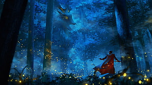 person with red cape standing near animal wallpaper, anime, creature, fighting, knight