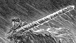 man carrying big heavy sword black and white sketch, Kentaro Miura, Berserk, Guts, manga