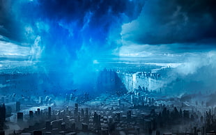 tornado in city digital wallpaper, Romantically Apocalyptic , aerial view, futuristic city