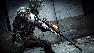 man wearing camouflage gear with orange and white sniper rifle game wallpaper HD wallpaper