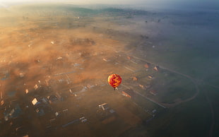 red and yellow hot air balloon, aerial view, landscape, hot air balloons