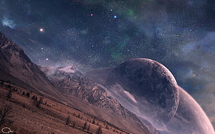 earth planet, stars, space, planet, mountains HD wallpaper
