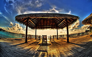 brown wooden canopy, hut, HDR, beach, wooden surface