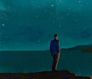 man staring at sea illustration, men, stars, sea, sky