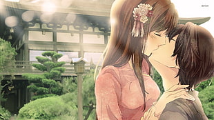 animated illustration of woman kissing man, anime, kissing, anime girls
