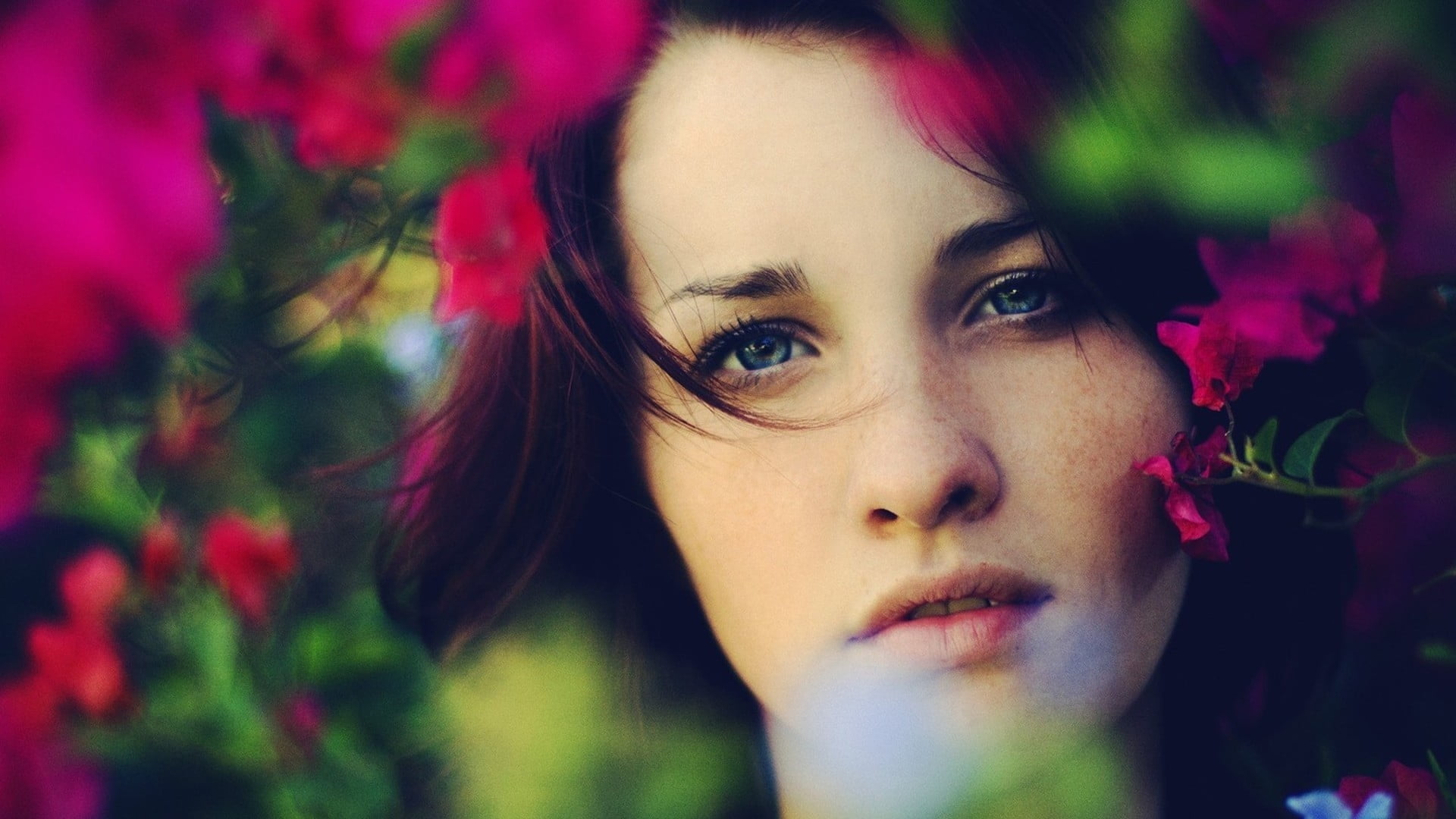 Girl,  Face,  Eyes,  Flowers