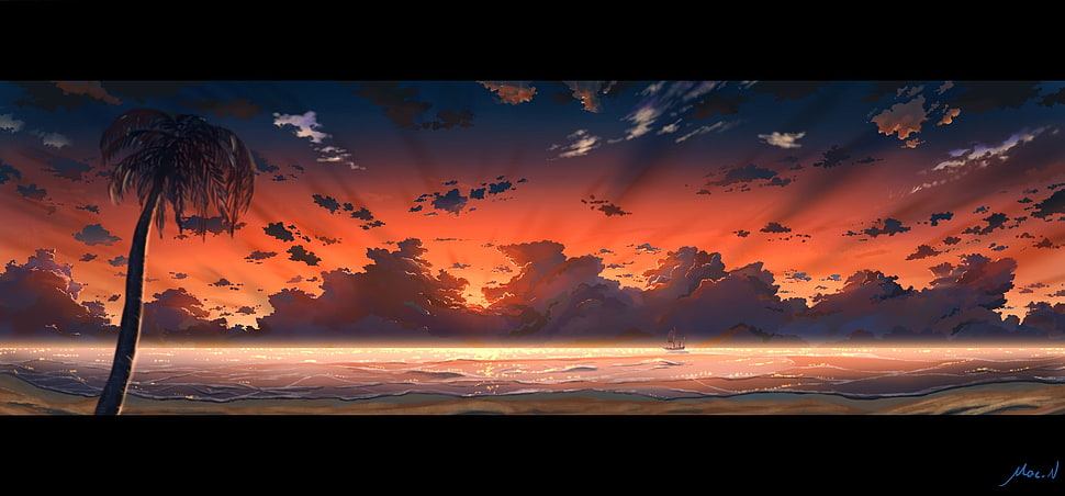black and white flat screen TV, artwork, sea, clouds, sky HD wallpaper