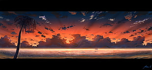 black and white flat screen TV, artwork, sea, clouds, sky